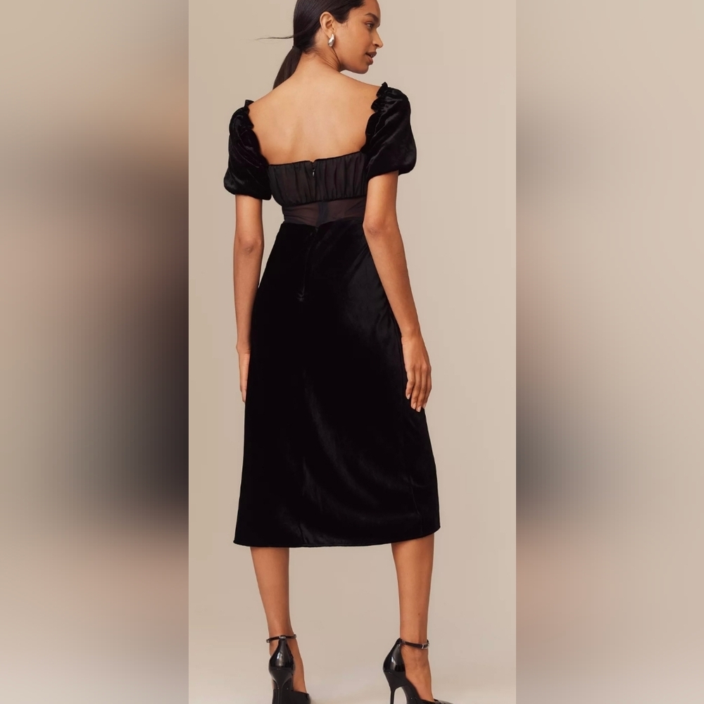 Anthropologie Black Puff-Sleeve Sheer-Panel Mesh Velvet Midi Dress - Picture 3 of 4
